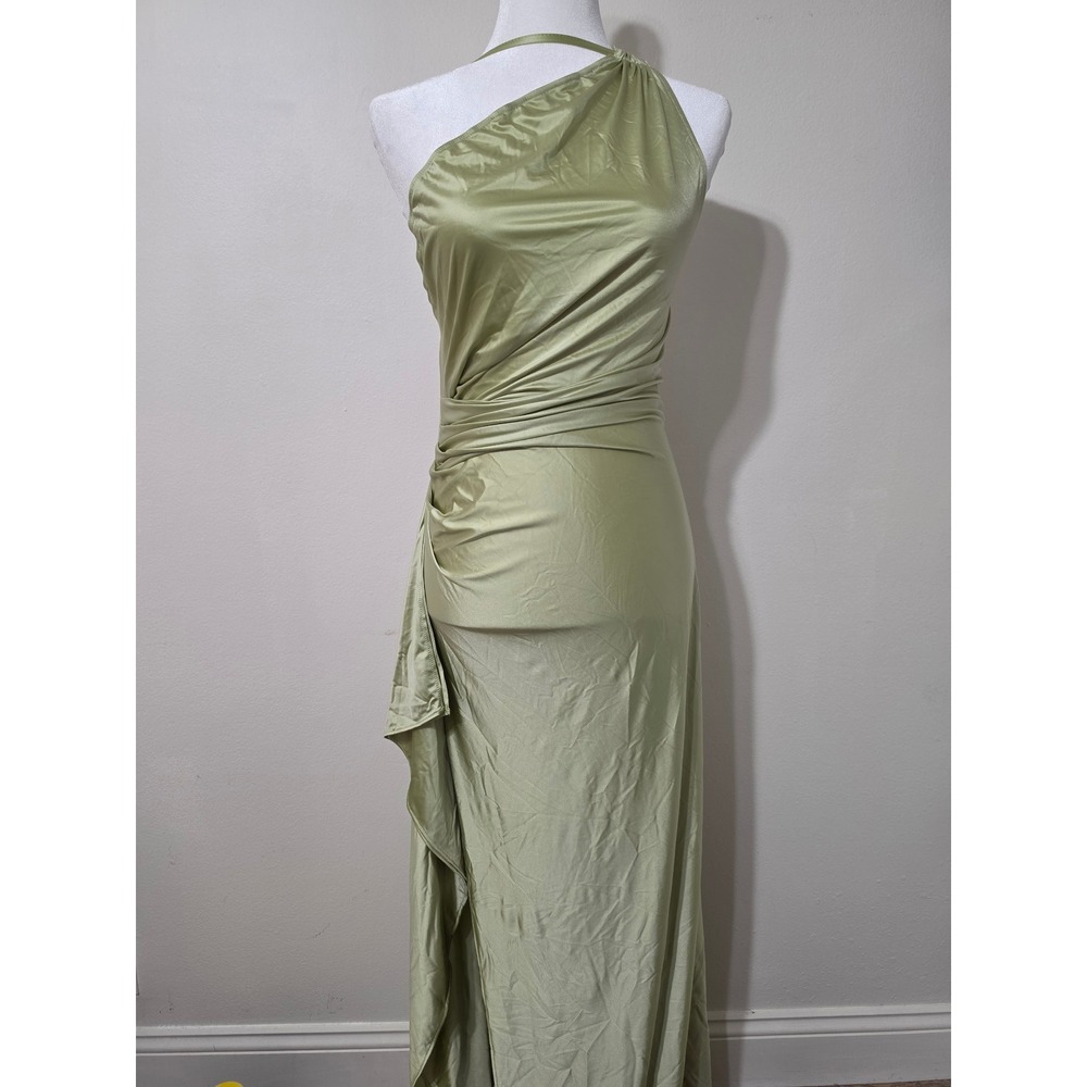 OYS Sage Green One Shoulder Satin Maxi Dress Asymmetrical Slit Formal Gown M